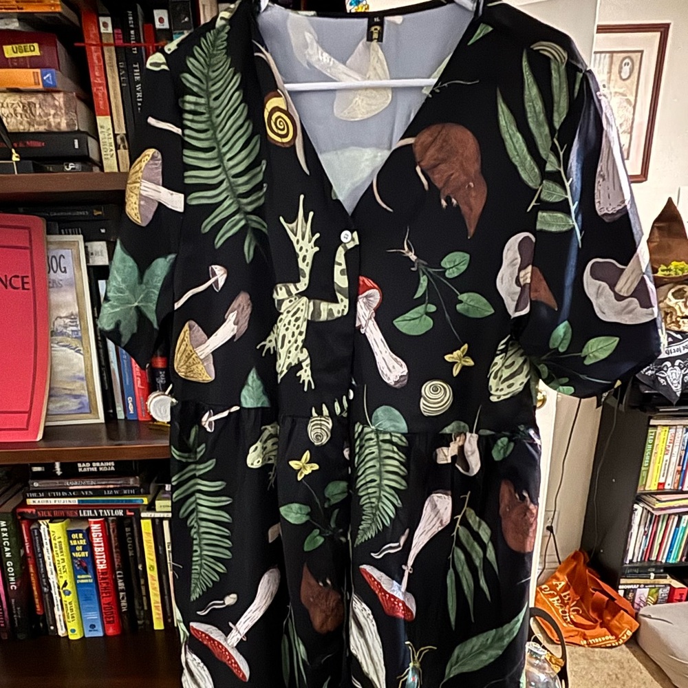 Black Dress with Mushroom and Fern Print